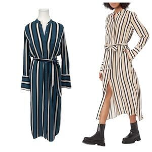 Equipment Midi‎ Dress 100% Silk Bayler Waist Tie Stripe Blue White XS